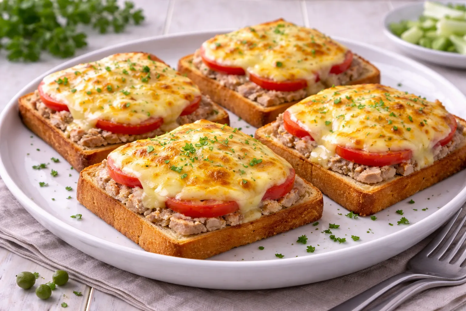 Überbackener Thunfisch-Toast mit Tomatenscheiben und goldbraunem Käse auf weißem Teller