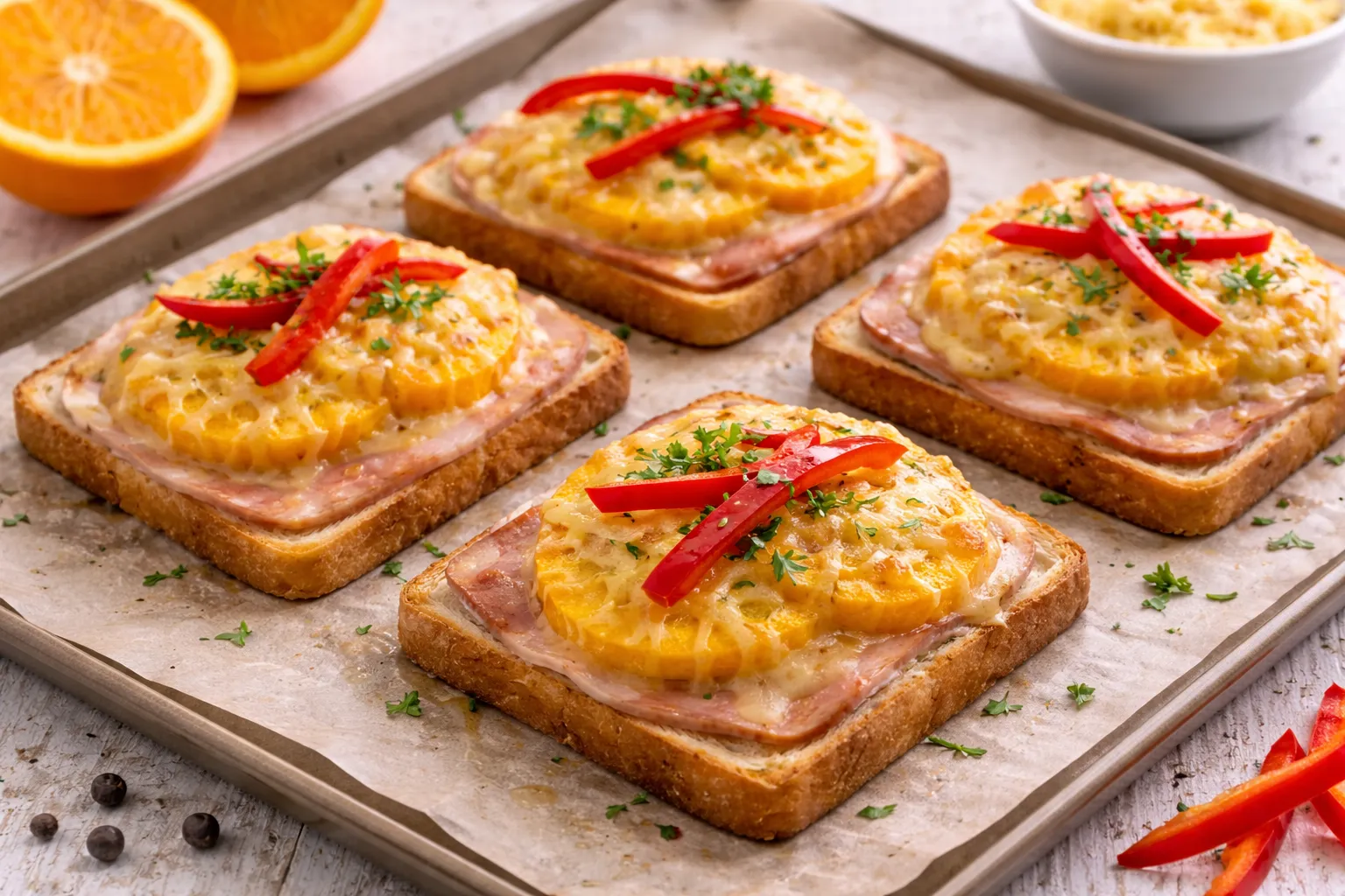 Überbackener Toast mit Schinken, Orangenscheiben und Käse, garniert mit roten Paprikastreifen auf hellem Untergrund
