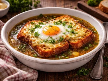 Toastsuppe mit geschmolzenem Käse, Ei und Petersilie im tiefen Teller auf Holztisch