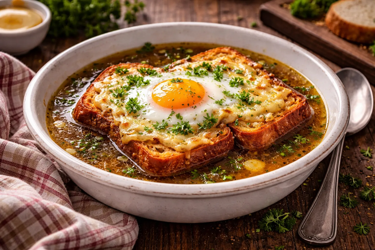 Toastsuppe mit geschmolzenem Käse, Ei und Petersilie im tiefen Teller auf Holztisch