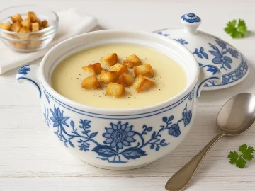Cremige Tollenser Käsesuppe in einer Terrine mit Zwiebelmuster, dekoriert mit Semmelwürfeln