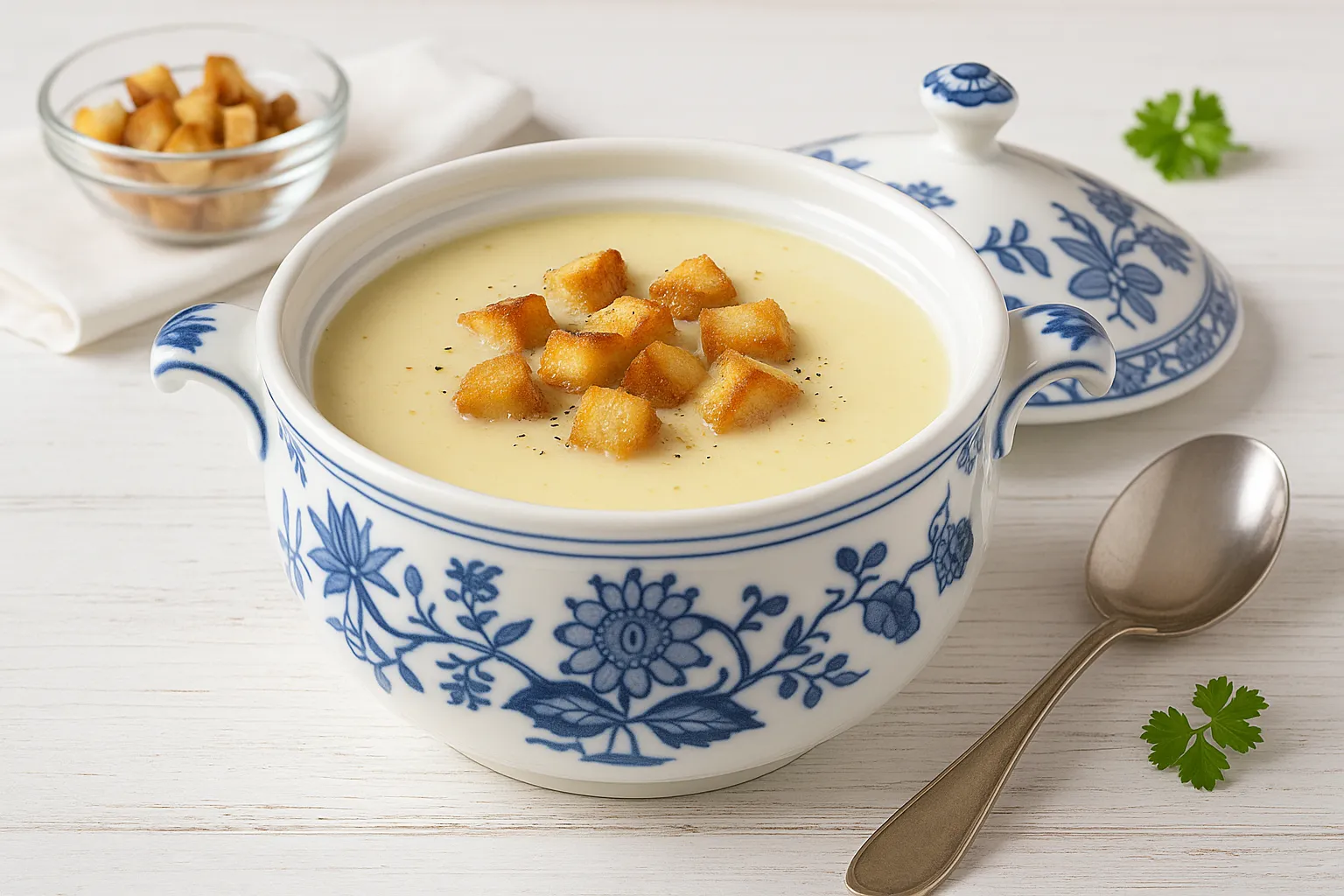 Cremige Tollenser Käsesuppe in einer Terrine mit Zwiebelmuster, dekoriert mit Semmelwürfeln