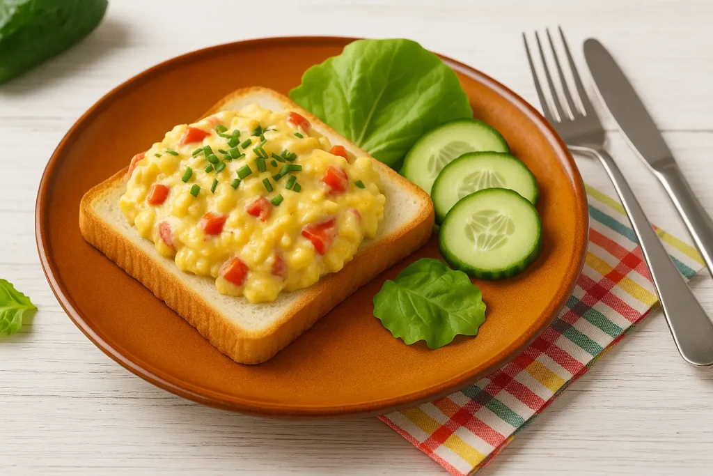  Tomaten-Rührei mit Käse und Senf auf einer Scheibe Toastbrot, dazu Gurke und Salat auf orangefarbenem Teller.