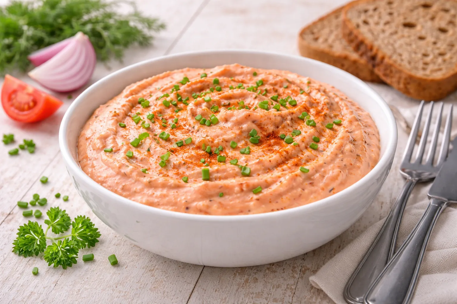 Cremiger Tomatenquark in Schüssel mit Vollkornbrot auf hellem Holztisch