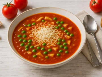 Weiße Suppenschale mit cremiger Tomatensuppe, garniert mit Käse und Erbsen, auf weißem Holztisch mit Besteck und Brot