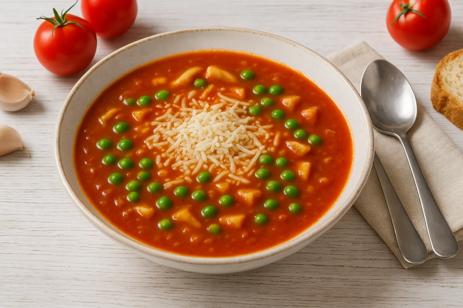 Weiße Suppenschale mit cremiger Tomatensuppe, garniert mit Käse und Erbsen, auf weißem Holztisch mit Besteck und Brot