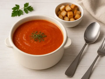 Suppenschüssel mit Tomatensuppe, serviert mit gerösteten Weißbrotwürfeln auf Holztisch