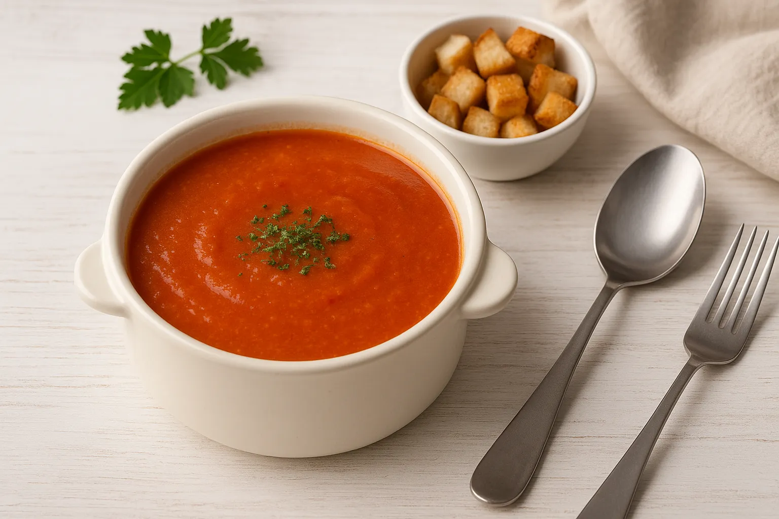 Suppenschüssel mit Tomatensuppe, serviert mit gerösteten Weißbrotwürfeln auf Holztisch