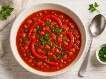 Ungarische Tomatensuppe im weißen Suppenteller, serviert mit Paprikastreifen und frischer Petersilie auf Holztisch