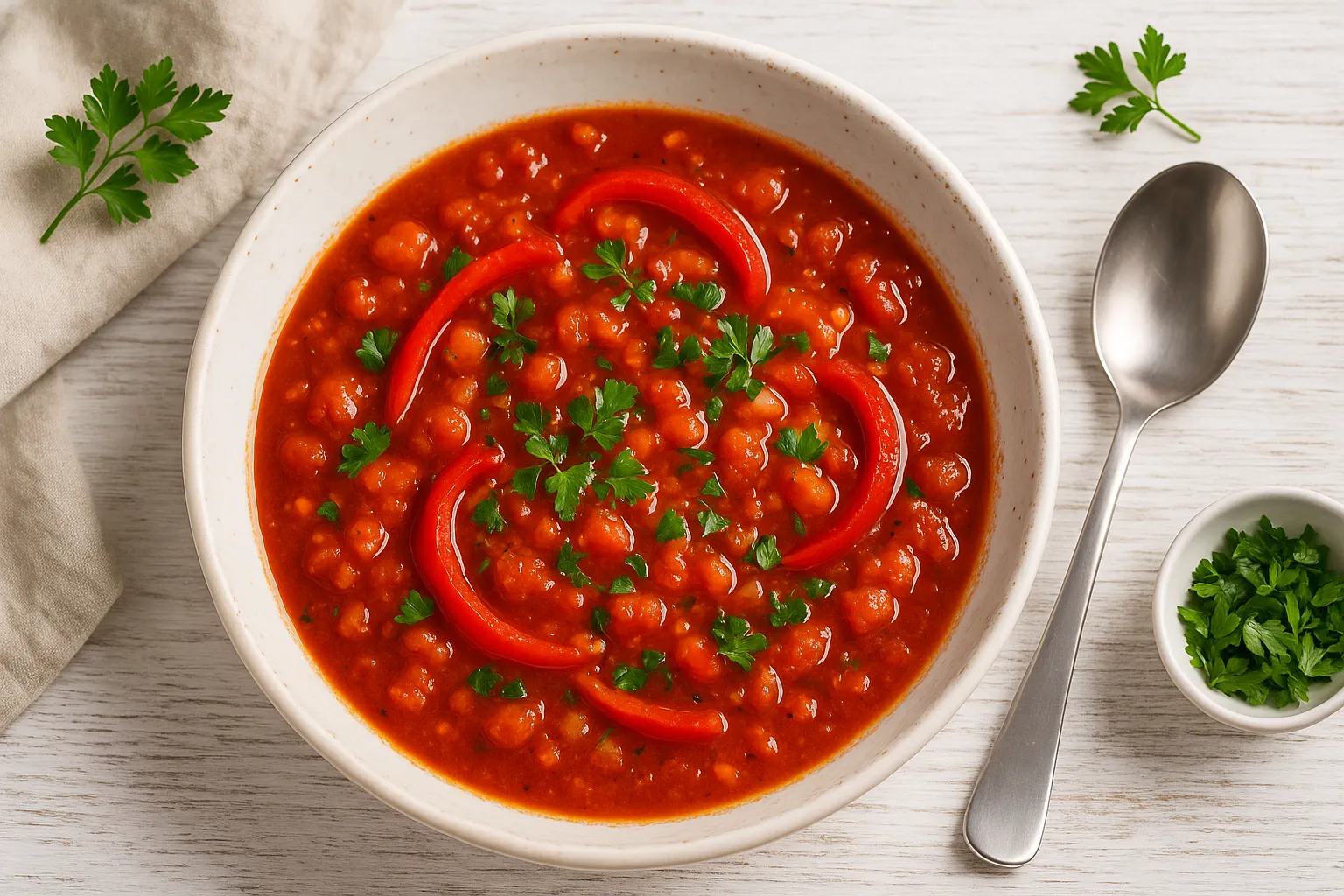 Ungarische Tomatensuppe im weißen Suppenteller, serviert mit Paprikastreifen und frischer Petersilie auf Holztisch