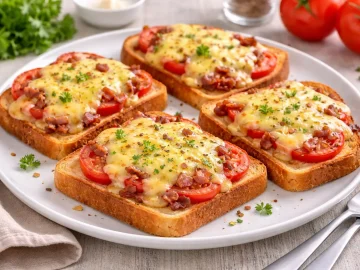 Überbackener Tomatentoast mit Käse und Speck auf einem Teller auf hellem Holzhintergrund