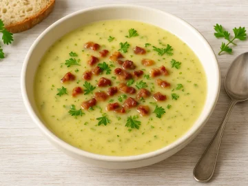 Tschechische Kartoffelsuppe mit Speckwürfeln, Kräutern und Gemüse in weißem Teller, serviert auf weißem Holztisch mit Brot und Löffel