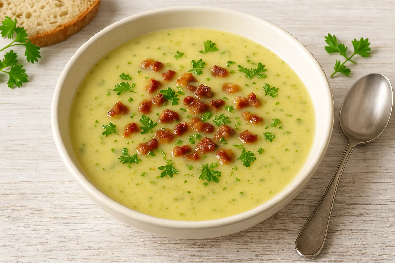 Tschechische Kartoffelsuppe mit Speckwürfeln, Kräutern und Gemüse in weißem Teller, serviert auf weißem Holztisch mit Brot und Löffel