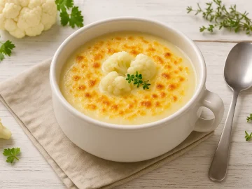 Weiße Suppenschale mit überbackener Blumenkohlsuppe, goldbraun mit Käse gratiniert, auf weißem Holztisch mit Besteck und Blumenkohl-Deko