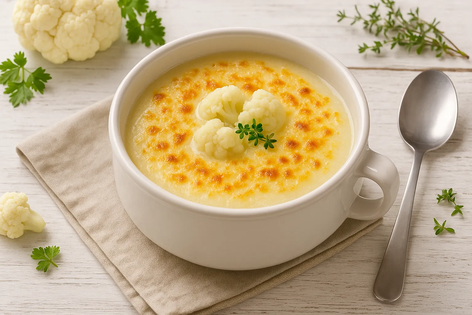 Weiße Suppenschale mit überbackener Blumenkohlsuppe, goldbraun mit Käse gratiniert, auf weißem Holztisch mit Besteck und Blumenkohl-Deko