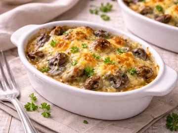 Überbackene Champignons mit Käse und Petersilie in kleiner weißer Auflaufform auf hellem Holztisch