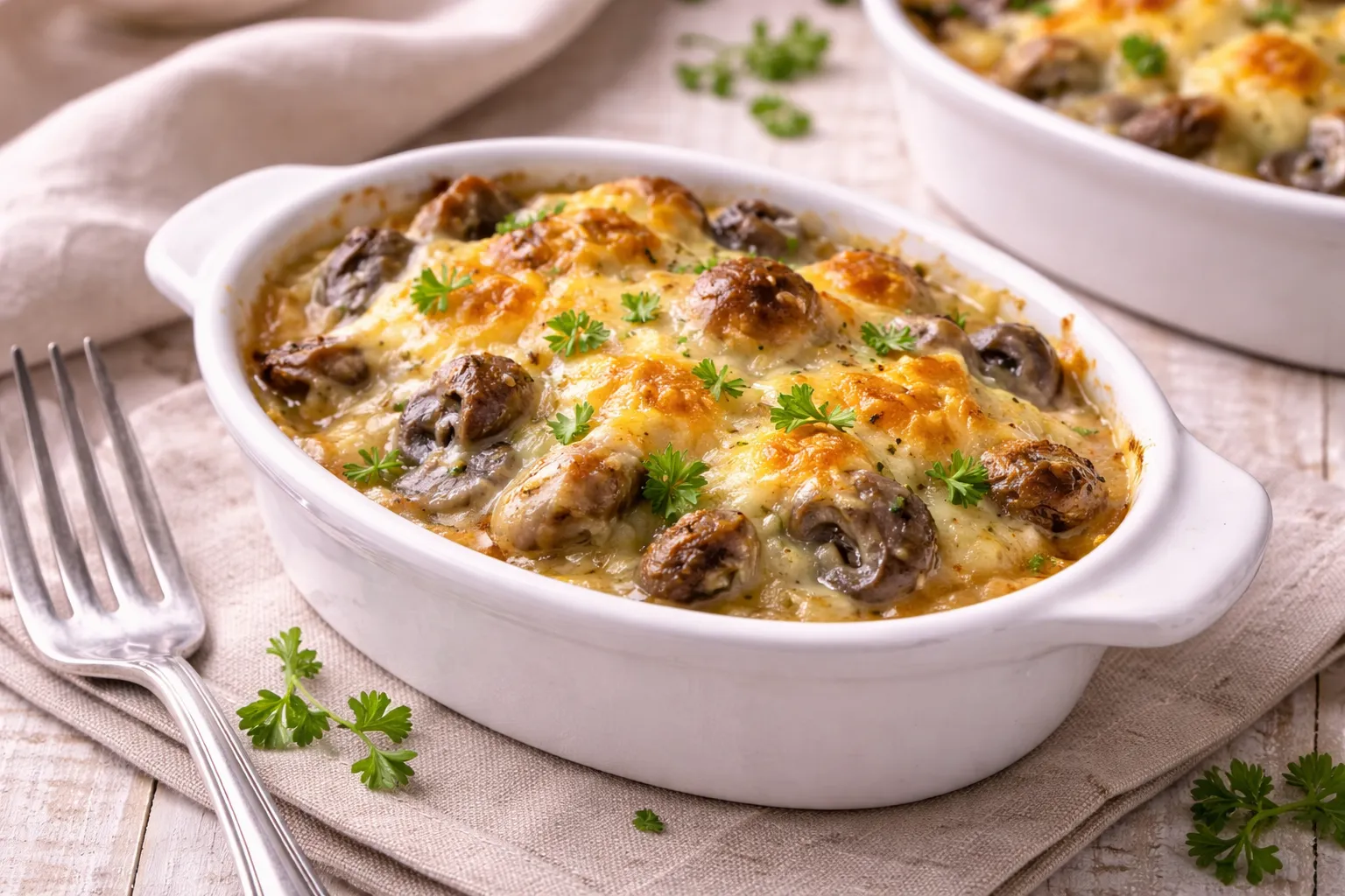 Überbackene Champignons mit Käse und Petersilie in kleiner weißer Auflaufform auf hellem Holztisch
