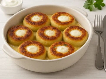 Goldbraun überbackene Quarkkeulchen mit saurer Sahne in rustikaler Form serviert