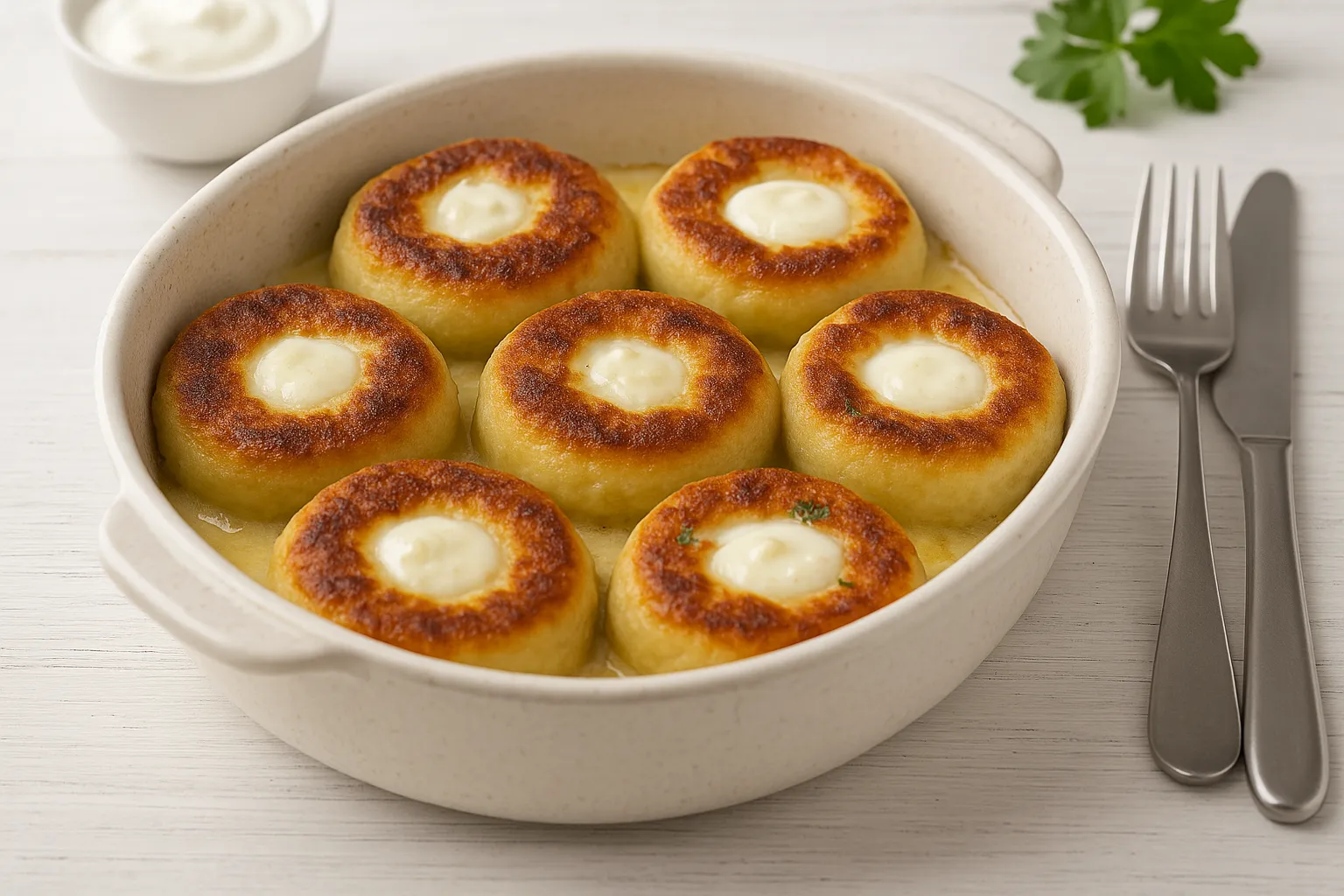 Goldbraun überbackene Quarkkeulchen mit saurer Sahne in rustikaler Form serviert