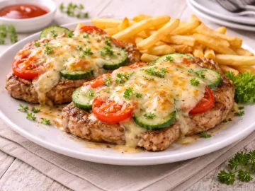 Schweinesteaks mit geschmolzenem Käse und Tomaten auf Teller serviert