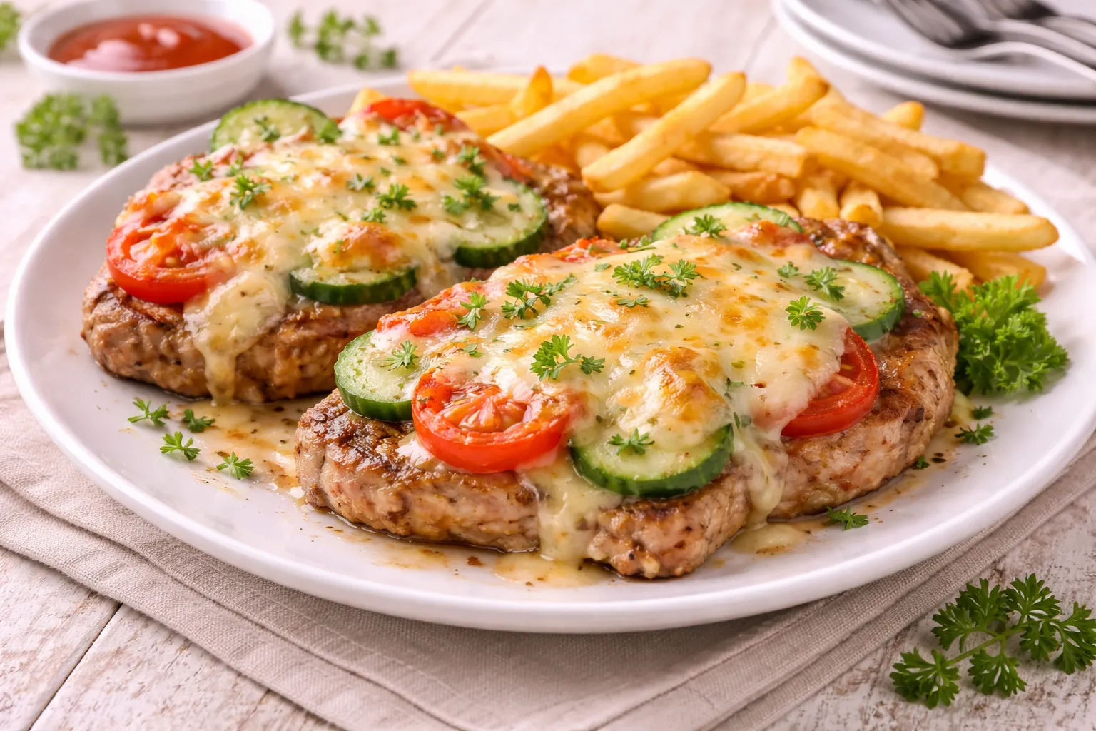 Schweinesteaks mit geschmolzenem Käse und Tomaten auf Teller serviert