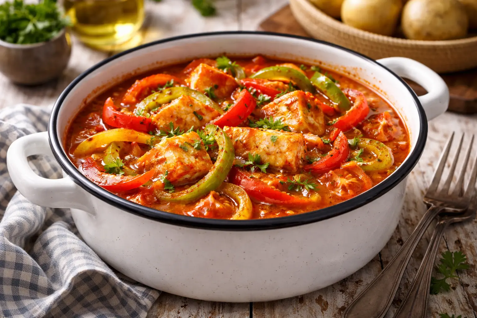 Ungarischer Fischpaprikasch mit Paprika in einem weißen Emaille-Topf auf hellem Holztisch