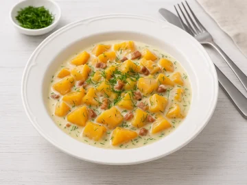 Weiße Schüssel mit ungarischem Kürbisgemüse in cremiger Sauce, verfeinert mit Dill und Speckwürfeln auf weißem Holzhintergrund