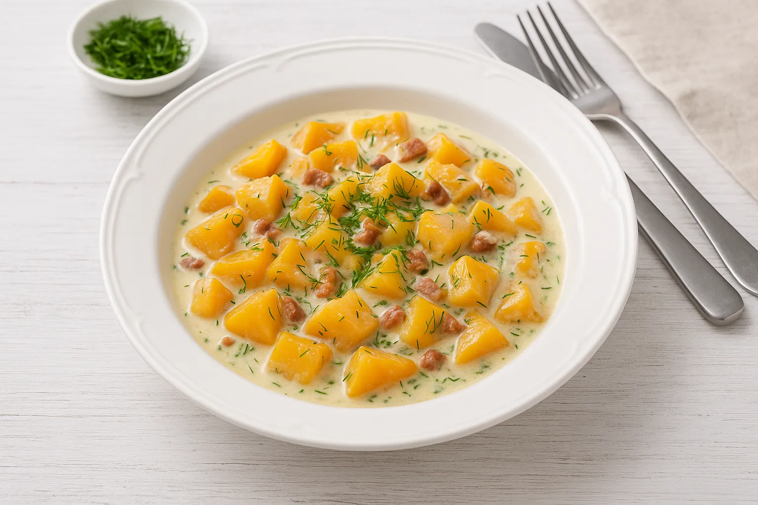 Weiße Schüssel mit ungarischem Kürbisgemüse in cremiger Sauce, verfeinert mit Dill und Speckwürfeln auf weißem Holzhintergrund