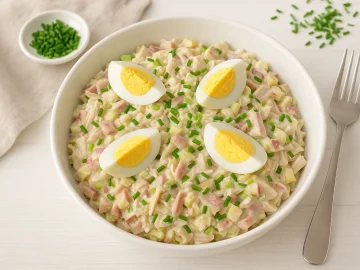 Vogtländischer Geflügelsalat mit Schinken, Sellerie, Apfel und Eiervierteln in weißer Schüssel