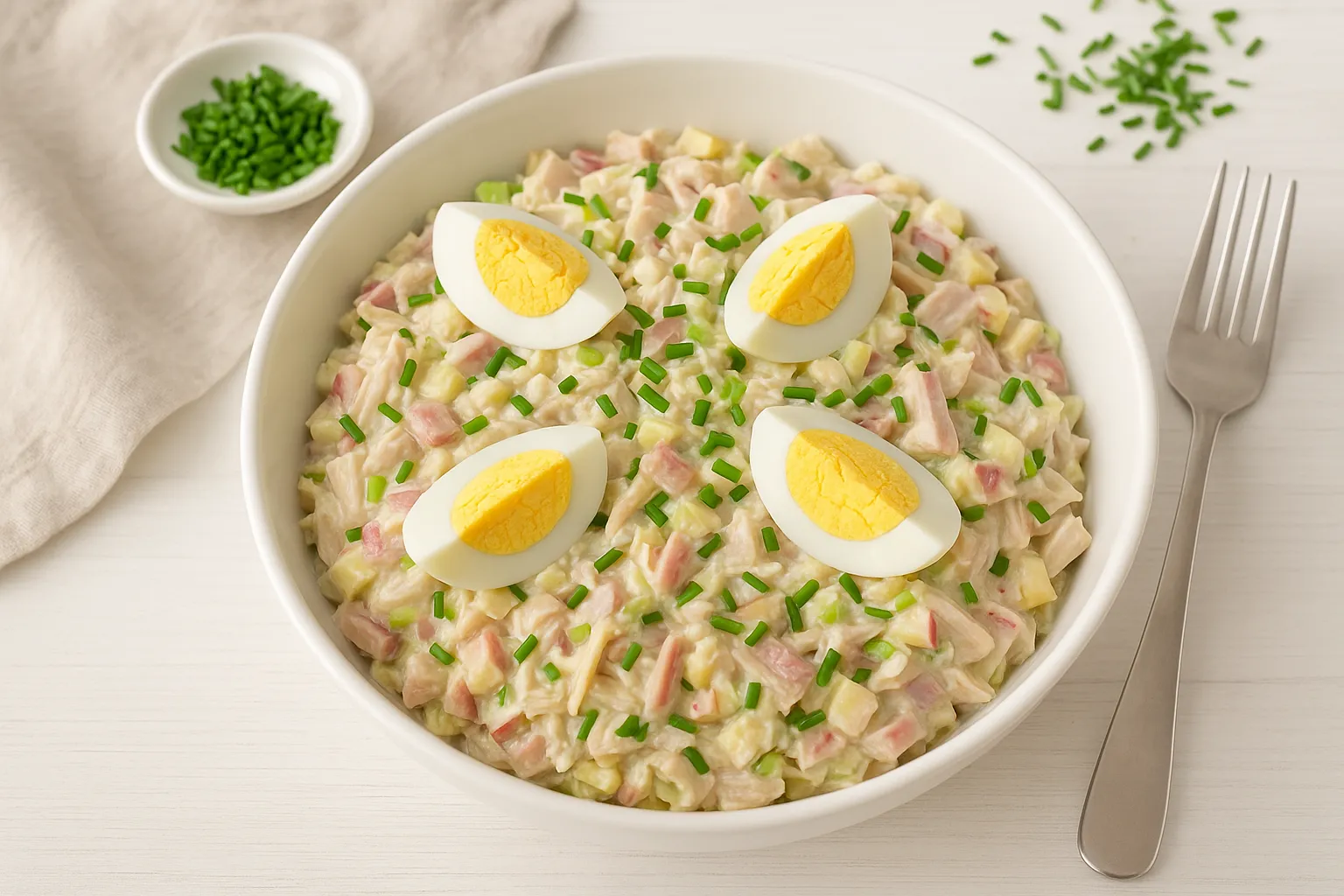 Vogtländischer Geflügelsalat mit Schinken, Sellerie, Apfel und Eiervierteln in weißer Schüssel