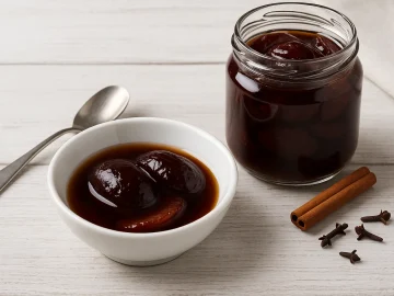 Eingelegte Weinbrandpflaumen im Glas mit Sirup, Zimt und Nelken dekoriert