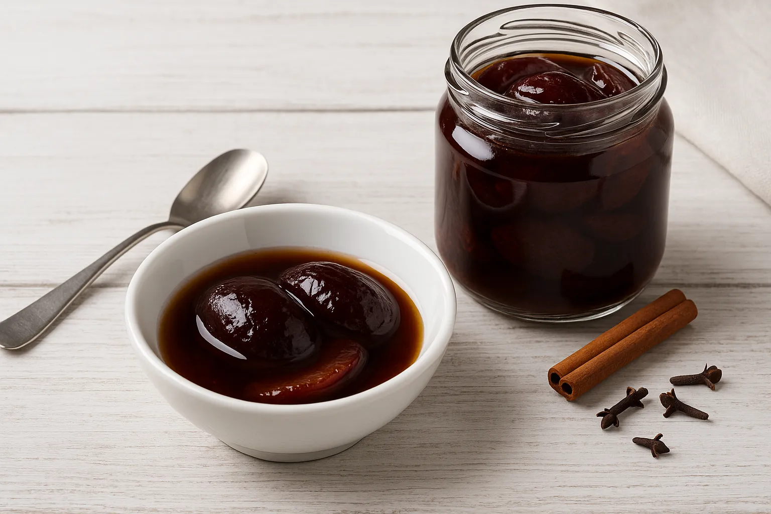 Eingelegte Weinbrandpflaumen im Glas mit Sirup, Zimt und Nelken dekoriert