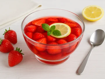 Weinkaltschale mit frischen Erdbeeren in klarer Glasschale auf weißem Holztisch serviert