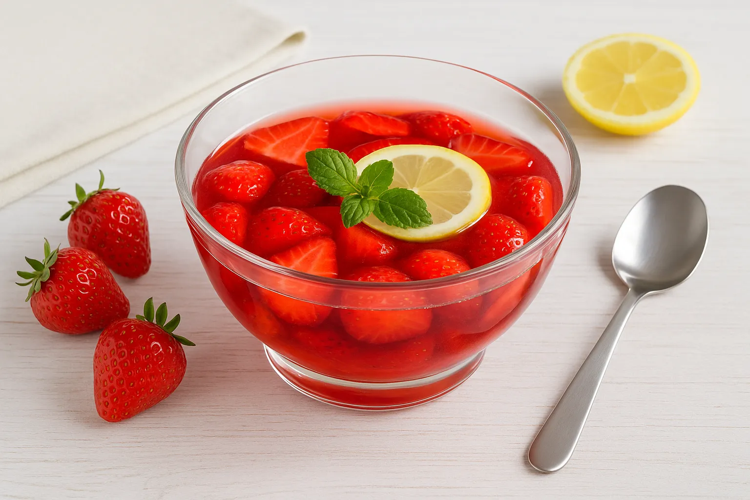 Weinkaltschale mit frischen Erdbeeren in klarer Glasschale auf weißem Holztisch serviert