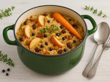 Weinkraut mit Weißwein, Äpfeln und Weinbeeren im grünen Emaille-Topf, angerichtet auf weißem Holzhintergrund