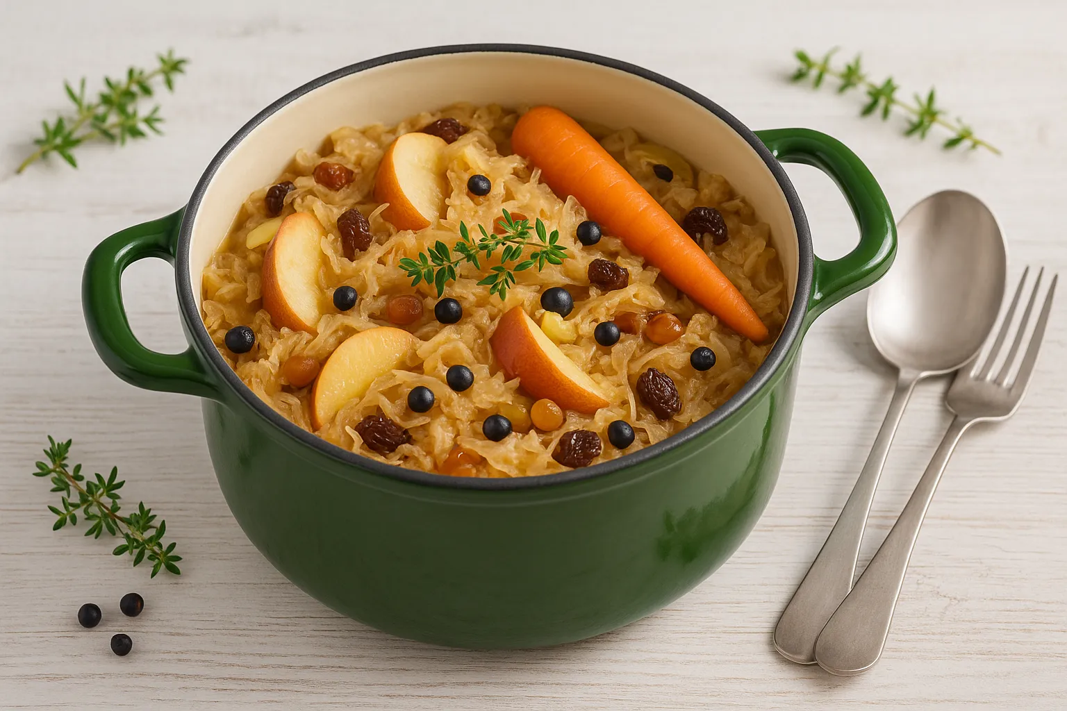 Weinkraut mit Weißwein, Äpfeln und Weinbeeren im grünen Emaille-Topf, angerichtet auf weißem Holzhintergrund