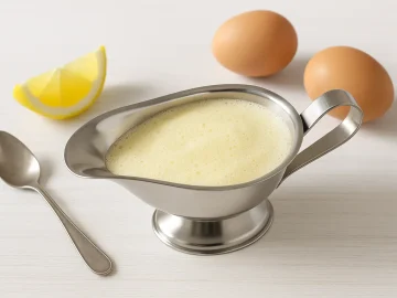 Weinschaumsoße luftig aufgeschlagen in Edelstahlsauciere auf weißem Holztisch