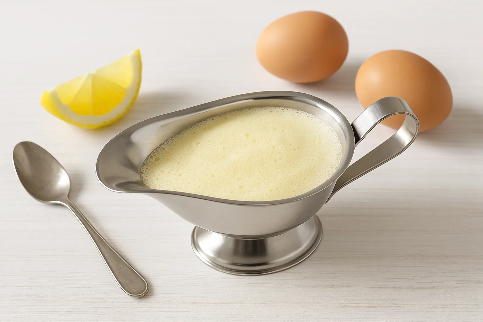 Weinschaumsoße luftig aufgeschlagen in Edelstahlsauciere auf weißem Holztisch