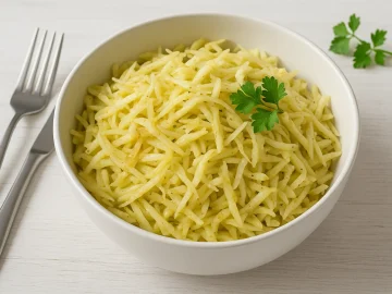 Weißkohlsalat mit feinen Kohlstreifen, Zwiebeln und Senfdressing in einer weißen Schüssel serviert