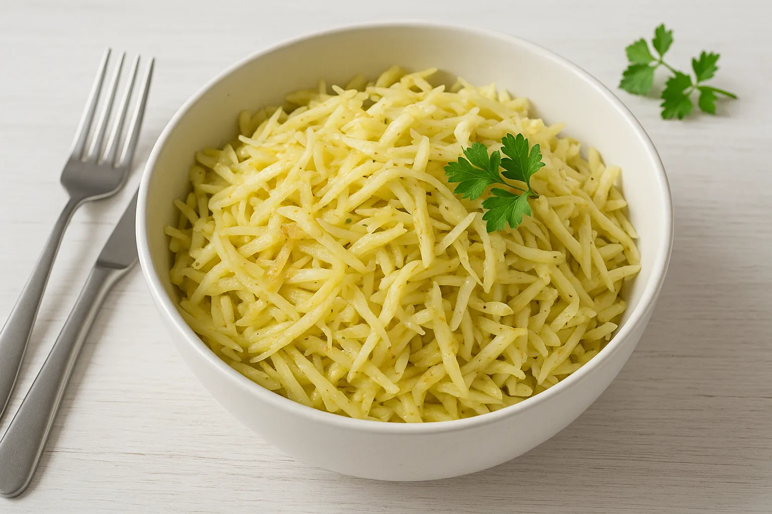 Weißkohlsalat mit feinen Kohlstreifen, Zwiebeln und Senfdressing in einer weißen Schüssel serviert