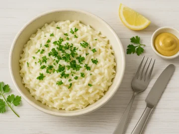 Weißkrautsalat mit Mayonnaise, Senf und Petersilie in weißer Schüssel auf hellem Holztisch mit Besteck und Deko