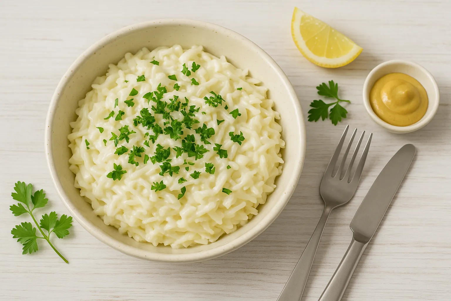 Weißkrautsalat mit Mayonnaise, Senf und Petersilie in weißer Schüssel auf hellem Holztisch mit Besteck und Deko