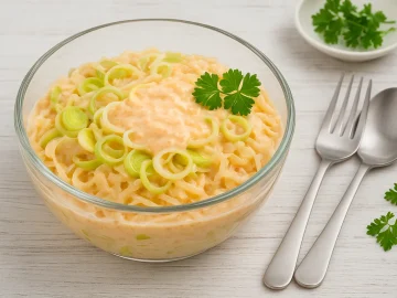 Winterliche Frischkost mit Porree, Sauerkraut und Quarkcreme in Glasschüssel