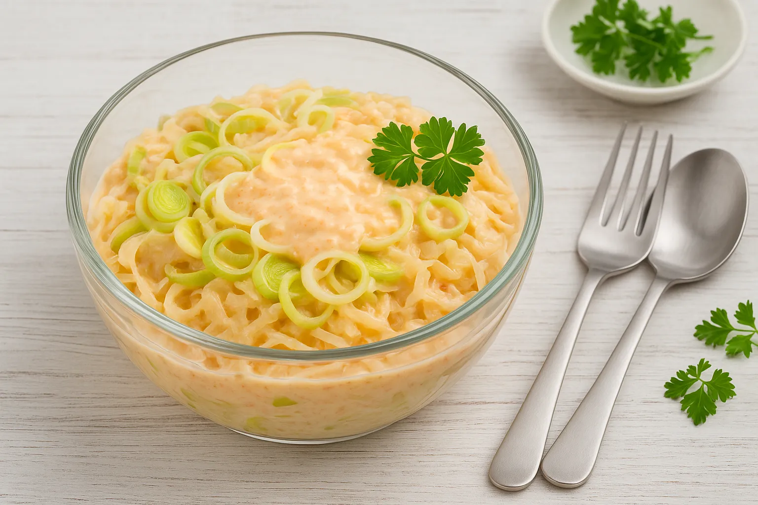 Winterliche Frischkost mit Porree, Sauerkraut und Quarkcreme in Glasschüssel