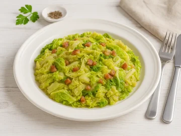 Wirsinggemüse mit Speck und Zwiebeln, serviert auf weißem rustikalen Teller mit heller Dekoration und Besteck auf hellem Holzhintergrund.