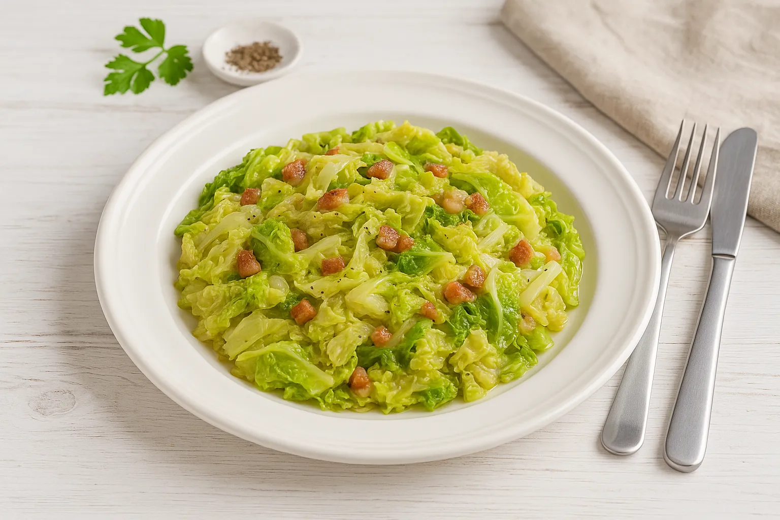 Wirsinggemüse mit Speck und Zwiebeln, serviert auf weißem rustikalen Teller mit heller Dekoration und Besteck auf hellem Holzhintergrund.