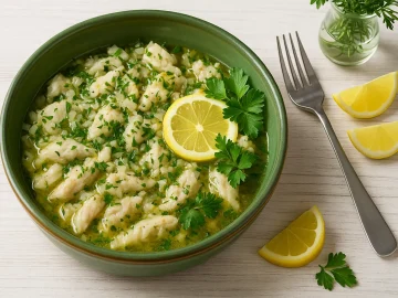 Breite, grüne Schüssel mit gebackenem Fisch, Kräutern, Zwiebeln und Zitronenschale auf weißem Holztisch, modern dekoriert.