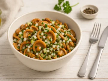 Würziger Reizkersalat in weißer DDR-Schüssel auf hellem Holzhintergrund mit Besteck und Deko