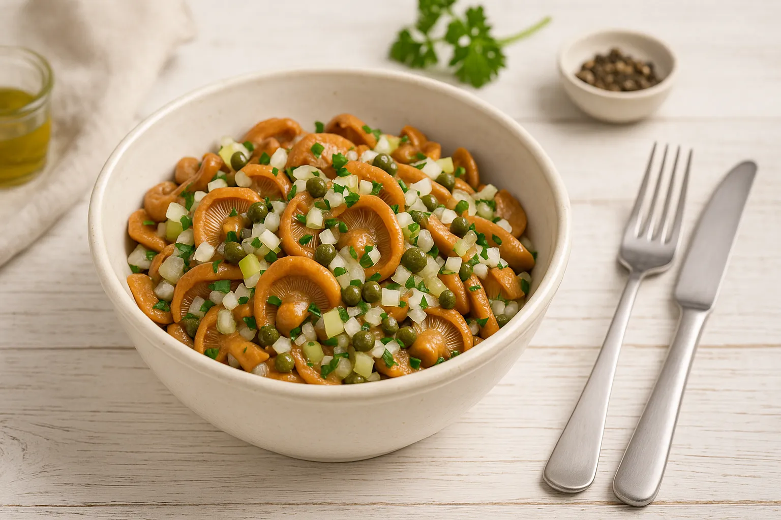 Würziger Reizkersalat in weißer DDR-Schüssel auf hellem Holzhintergrund mit Besteck und Deko