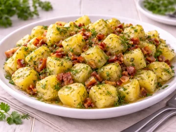 Würzkartoffeln mit ausgelassenem Speck, Petersilie und Dill auf weißem Teller angerichtet